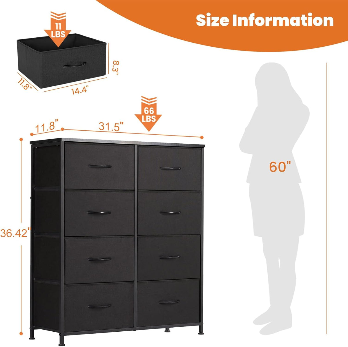 Sweetcrispy Dresser, Dresser for Bedroom Drawer Organizer Storage Drawers, Fabric Storage Tower with 8 Drawers, Chest of Drawers with Steel Frame