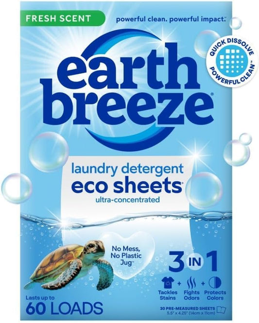 Earth Breeze Laundry Detergent Sheets Fresh Scent - 60 Loads Eco Liquidless Soap - Travel-Friendly for Hot & Cold Cycles, Tackles Tough Stains