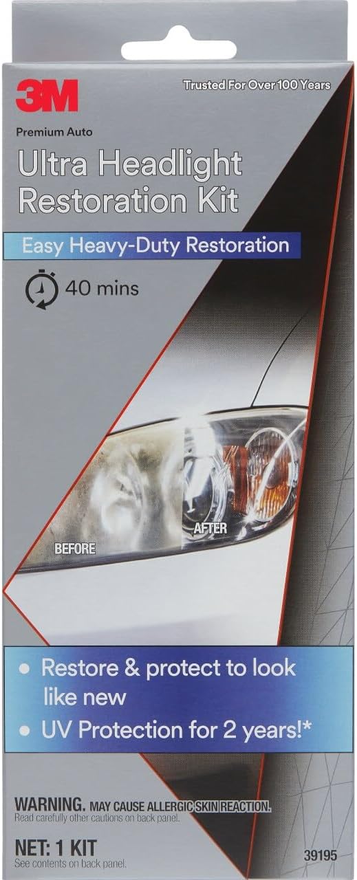 3M Ultra Headlight Restoration Kit, Contains Masking Tape, Light Sanding Discs, Wax Protectant and More, Use on Plastic Lenses Headlights, Taillights