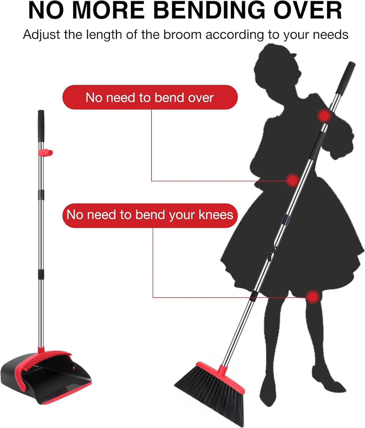 NACENA Broom and Dustpan Set, 52-in Long Adjustable Handle Broom Dustpan Combo with Dustpan Teeth to Automatically Clean Hair Suitable for Home