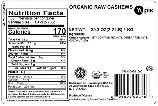 Yupik Organic Raw Cashews, 2.2 lb (35.2 oz), Kosher, Gluten-Free, Non-GMO, Vegan, Whole Nuts, Unsalted, Unroasted, Source of Protein & Iron