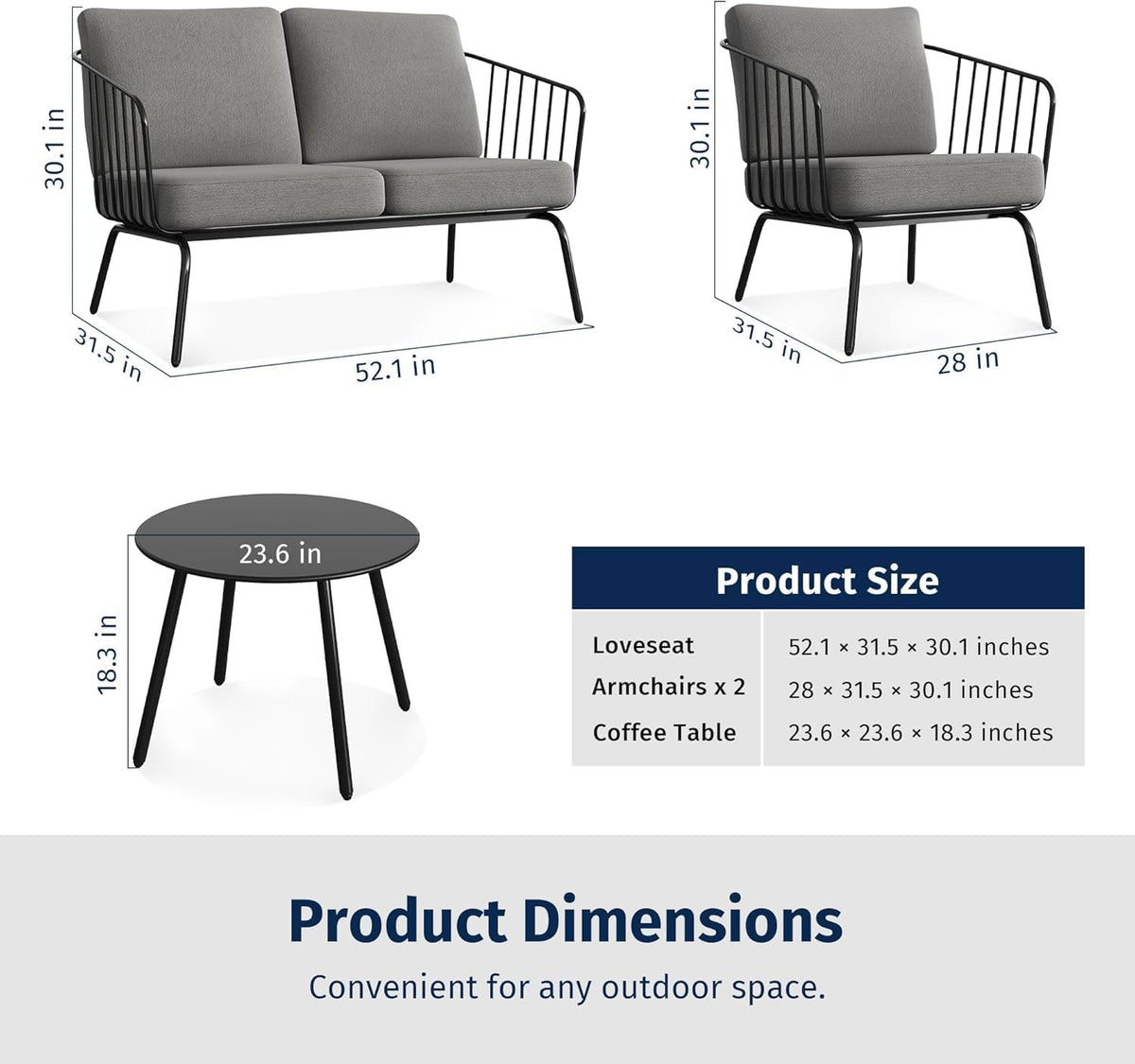 EAST OAK 4-Piece Plaza Patio Furniture Set, Outdoor Furniture for Balcony, Poolside, and Yard, with Thick Cushion Sofa and Coffee Table, Modern Patio