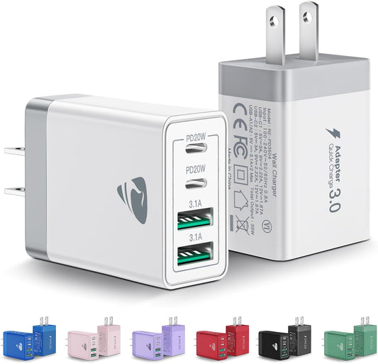 [2-Pack] USB C Wall Charger, 40W Fast USB C Charger Block, 4-Port PD Power Adapter + QC Wall Plug Multiport Type C Charging Block Cube Compatible