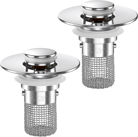 Sink Stopper Hair Catcher,(2PCS) Pop-up Sink Drain Strainer with Removable Stainless Steel Strainer Basket Hair Catcher, Bathroom Sink Strainer for