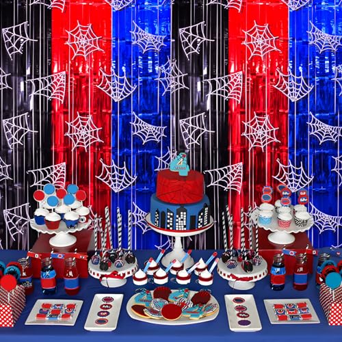 Bupelo Spider Web Birthday Decorations, 2 Pack Spider Party Supplies 3.3x6.6ft Tinsel Foil Fringe Curtains, Red Black, and Blue Photo Booth Prop