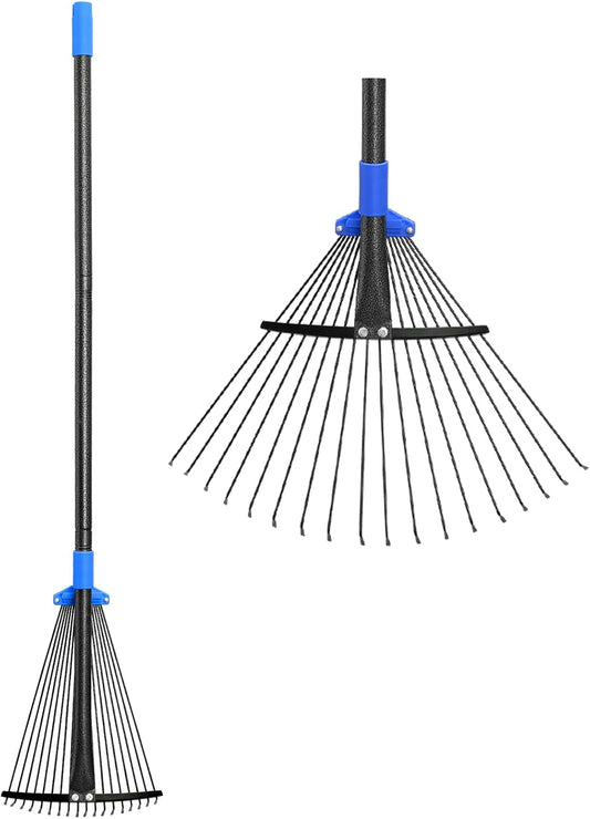 Adjustable Metal Leaf Rake Long Handle, Garden Rakes for Lawns Heavy Duty Leaves with Expandable Head 8-17", Yard Women Kids Rake for Gardening RV