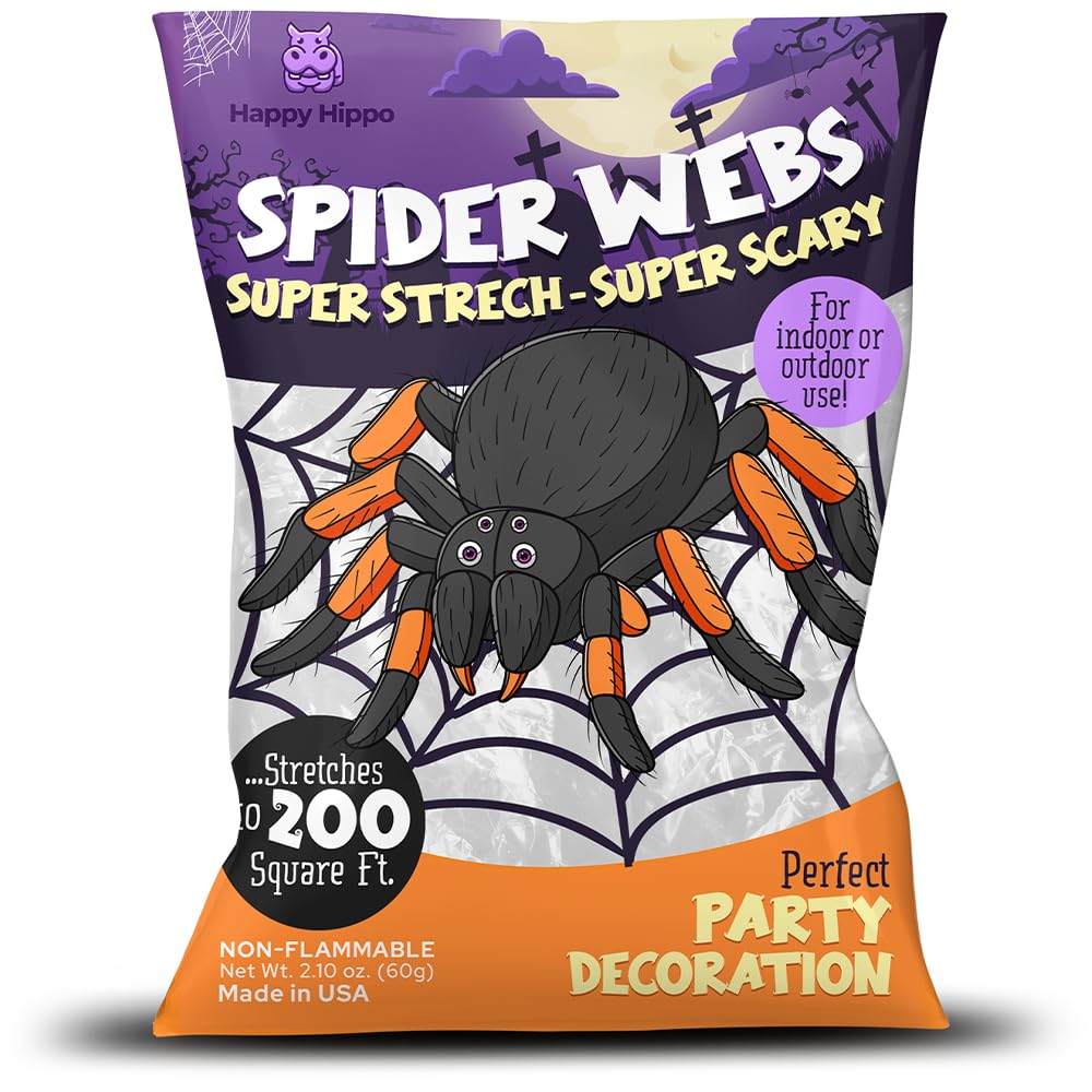 Happy Hippo Halloween Spider Web Decoration, 200 Sqare Feet & Plastic Spiders, Halloween Party Supplies, Spider Webs (Small, 200 Sq Feet) (8 Fake