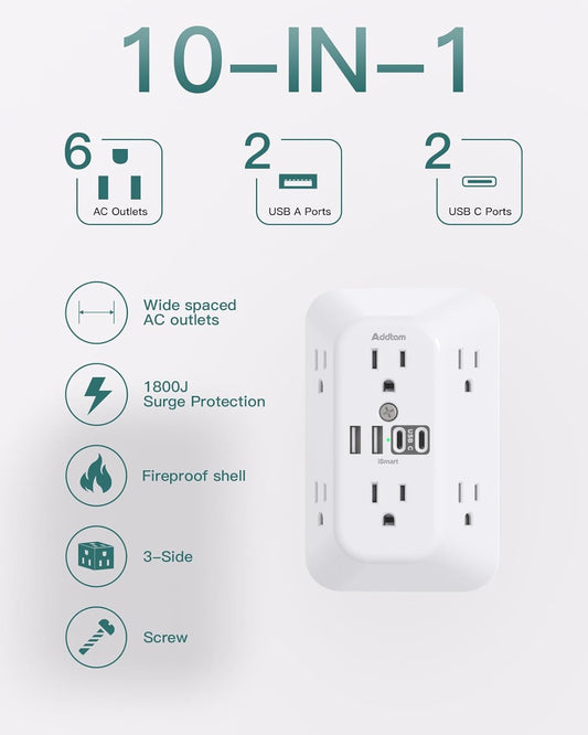 Addtam Surge Protector Outlet Extender, 6-Outlet Splitter with 4 USB Wall Charger(2 USB-C Ports), Multi Plug Wall Outlet 1800J Power Strip for Home