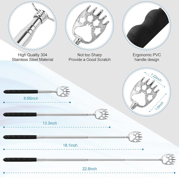 3 Pack Different Back Scratcher Metal Portable Telescoping with Rubber Handles, Extendable Back Massager Tool with Beautiful Box, Stocking Stuffers