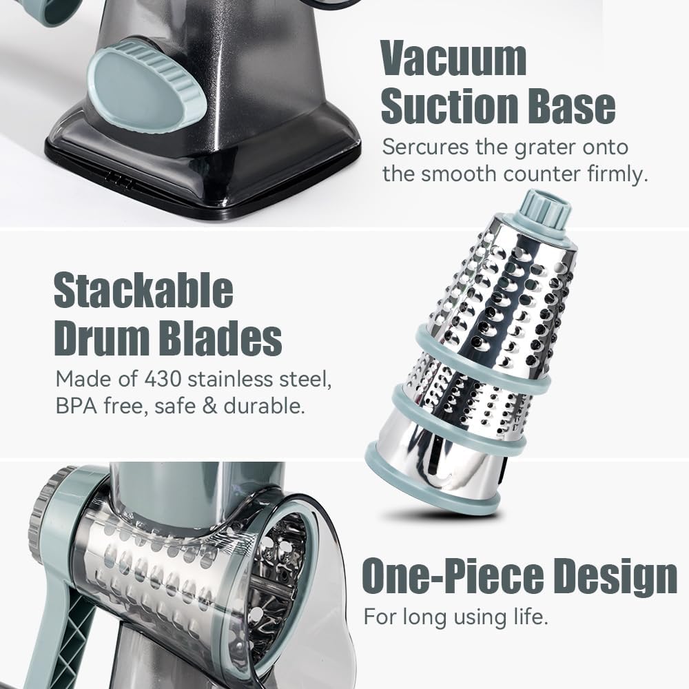KEOUKE Rotary Cheese Grater Hand Crank Transparent - Shredder Slicer Grinder 3 Stainless Steel Blades, Stable Suction, Labor-Saving Handle, Safe
