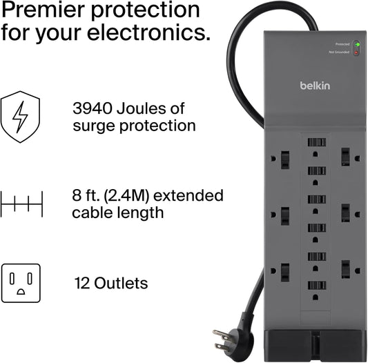 Belkin 12-Outlet Surge Protector Power Strip w/ 12 AC Outlets & 8ft Flat Plug, UL-listed Heavy-Duty Extension Cord for Home, Office, Travel