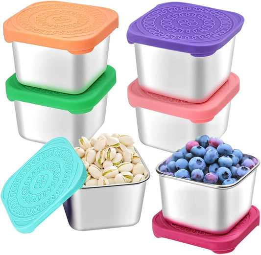 6Pack 6oz Stainless Steel Snack Containers for Kids, Easy Open Leak Proof Metal Toddler Snack Containers with Silicone Lids, Stackable Metal Toddler