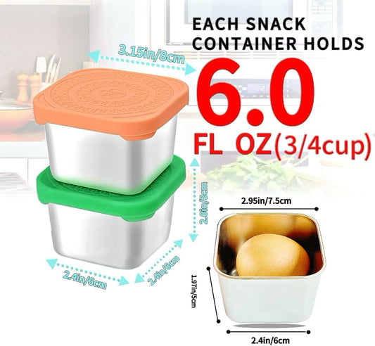 6Pack 6oz Stainless Steel Snack Containers for Kids, Easy Open Leak Proof Metal Toddler Snack Containers with Silicone Lids, Stackable Metal Toddler