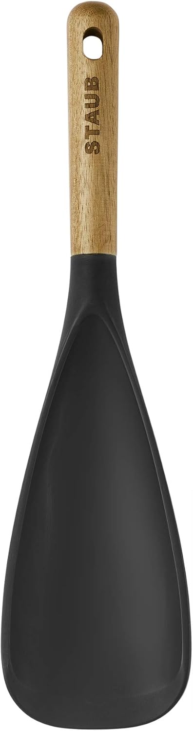 STAUB Multifunction Spatula Spoon, Great for Both Cooking and Serving Durable BPA-Free Matte Black Silicone, Acacia Wood Handles, Safe for Nonstick