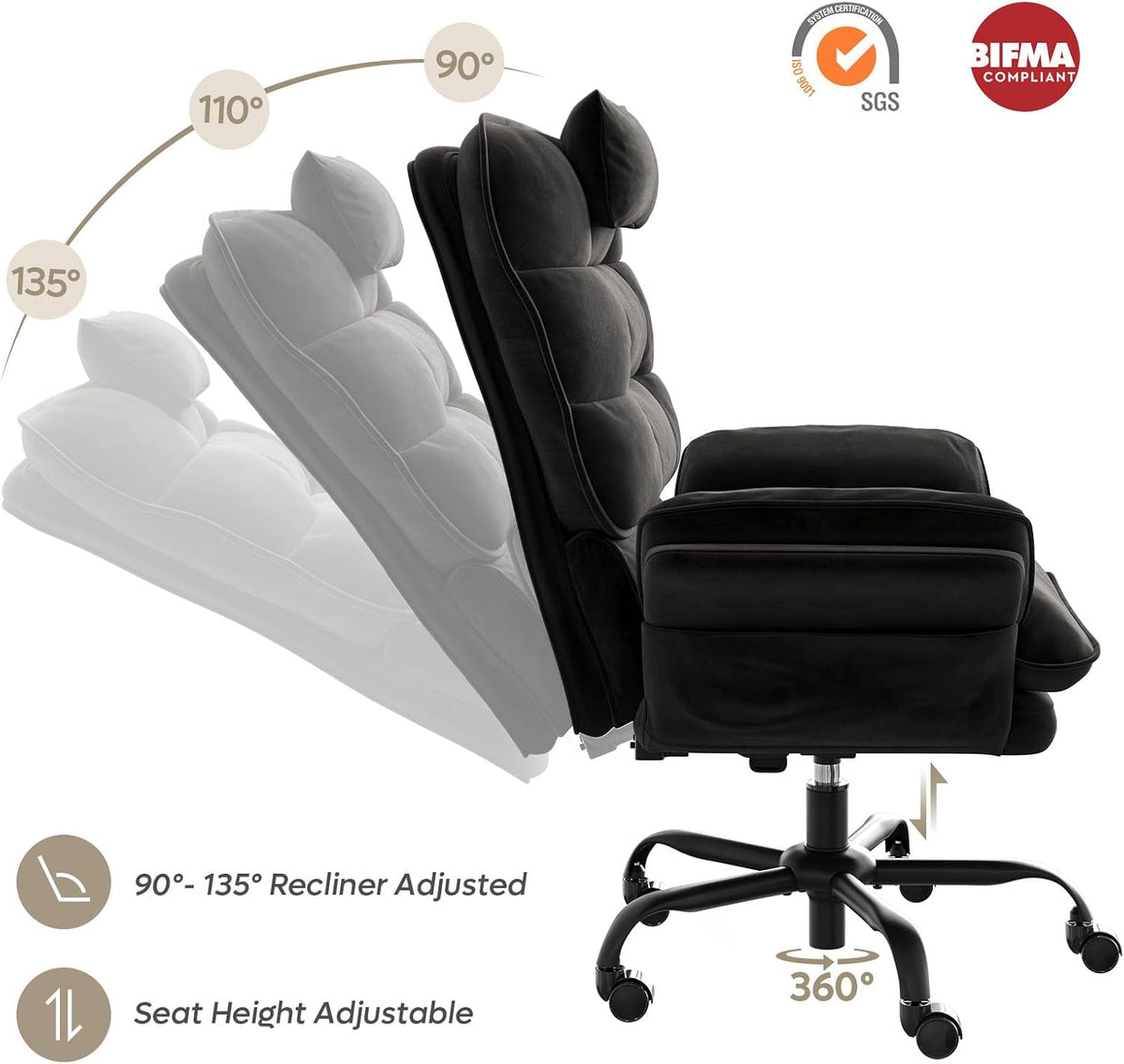 Bestier Cross Legged Office Chair, Criss Cross Chair with Adjustable Arms, 135° Reclining Velet Executive Chair with Wheels, Big and Tall Computer