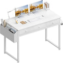 Lufeiya Small White Computer Desk with Fabric Drawers for Home Office Bedroom, 40 Inch Vanity Desk with Drawer Storage and Side Pouch, Study Writing