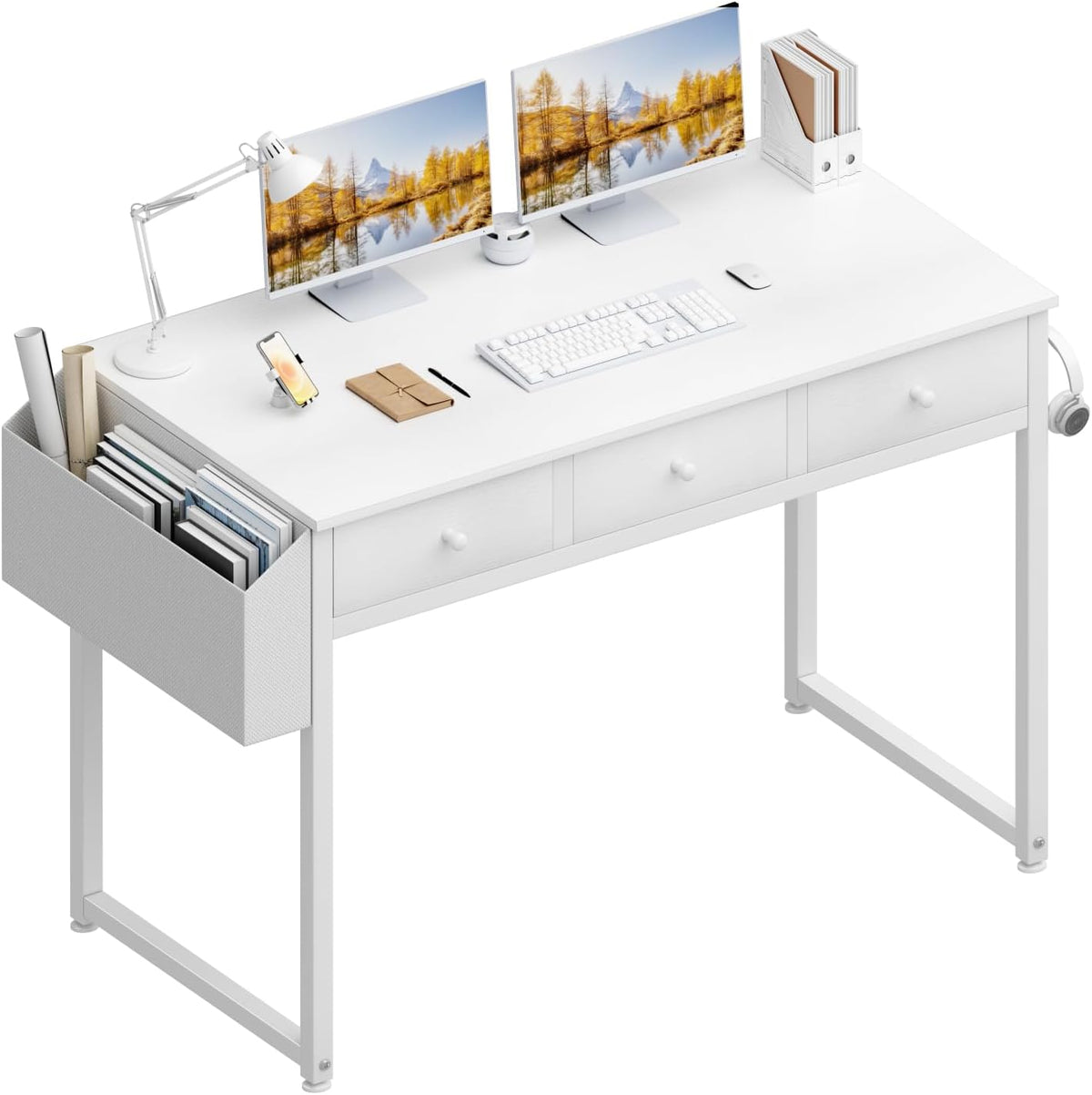 Lufeiya Small White Computer Desk with Fabric Drawers for Home Office Bedroom, 40 Inch Vanity Desk with Drawer Storage and Side Pouch, Study Writing