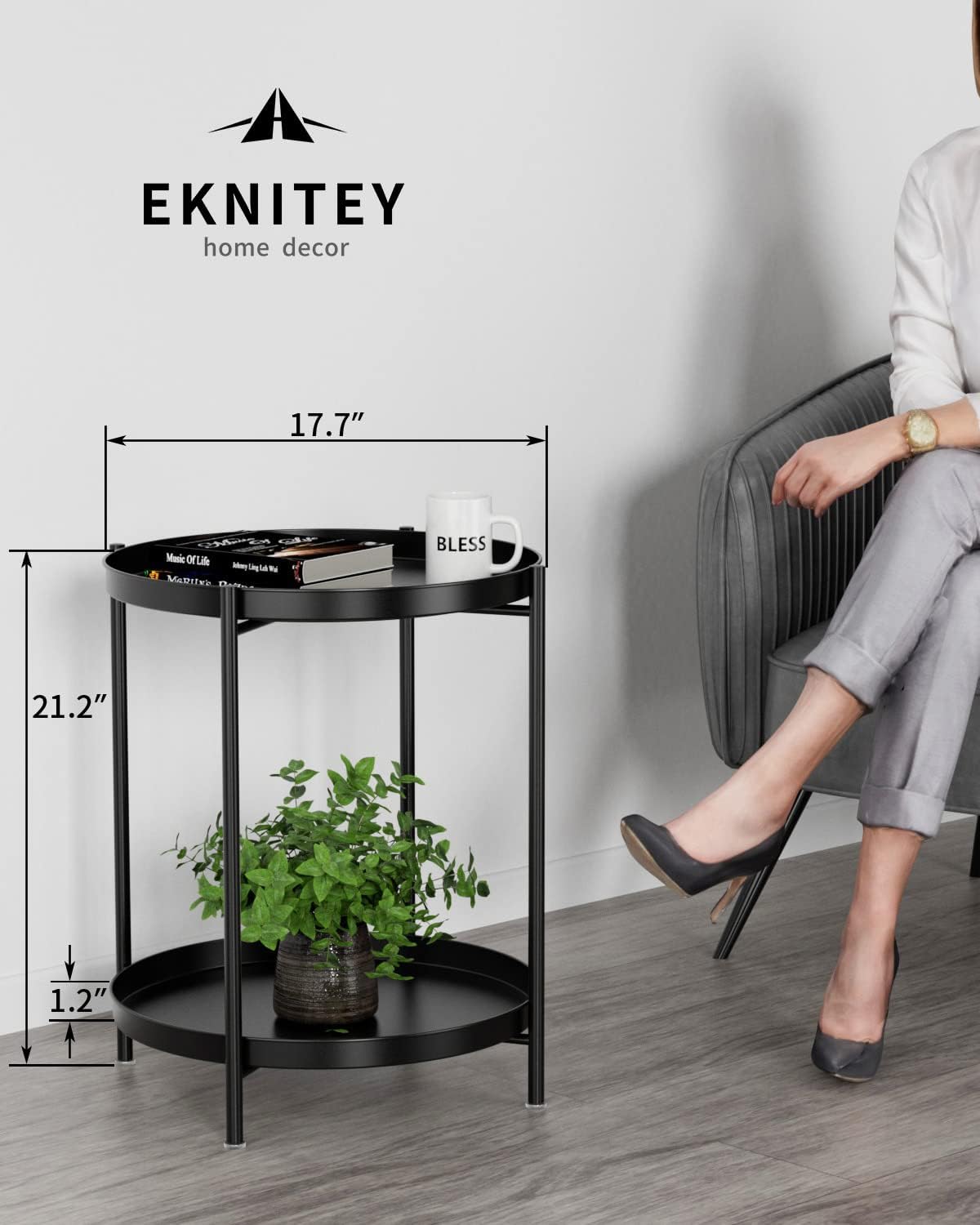 EKNITEY 2 Tier End Table - Metal Side Table Waterproof Small Sofa Coffee Side Tables Bedroom Indoor Outdoor with Removable Tray for Living Room