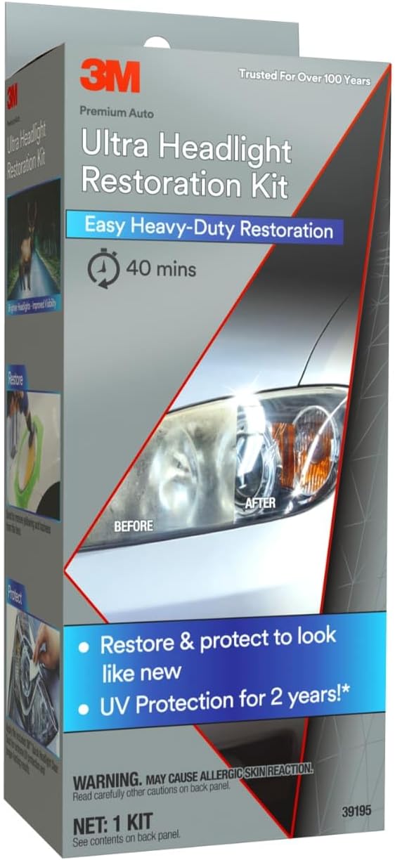3M Ultra Headlight Restoration Kit, Contains Masking Tape, Light Sanding Discs, Wax Protectant and More, Use on Plastic Lenses Headlights, Taillights