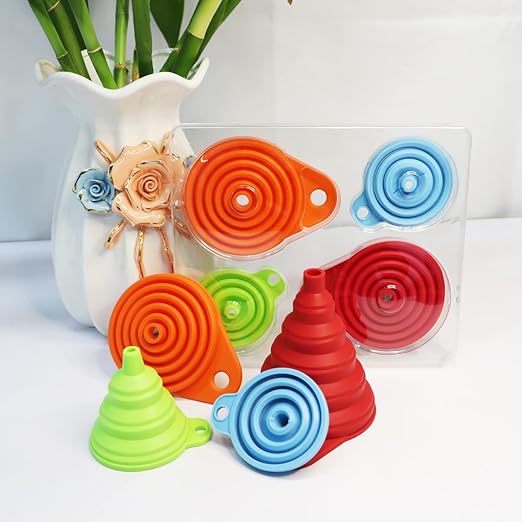 KongNai Kitchen Funnel Set 4 Pack, Small and Large, Kitchen Gadgets Accessories Foldable Silicone Collapsible Funnels for Filling Water Bottle Liquid