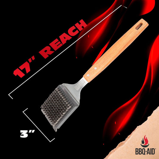 BBQ-Aid Grill Brush and Scraper for Barbecue – Grill Brush for Outdoor Grill with Extended, Large Wooden Handle and Replaceable Stainless Steel