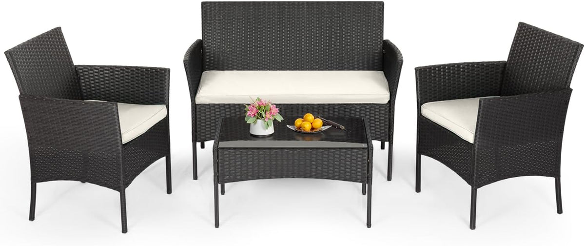 FDW | 4-Piece Patio Furniture Set | Black | Outdoor Wicker Furniture with Coffee Table | Modern Rattan Chairs Conversation Set | Outdoor Seating