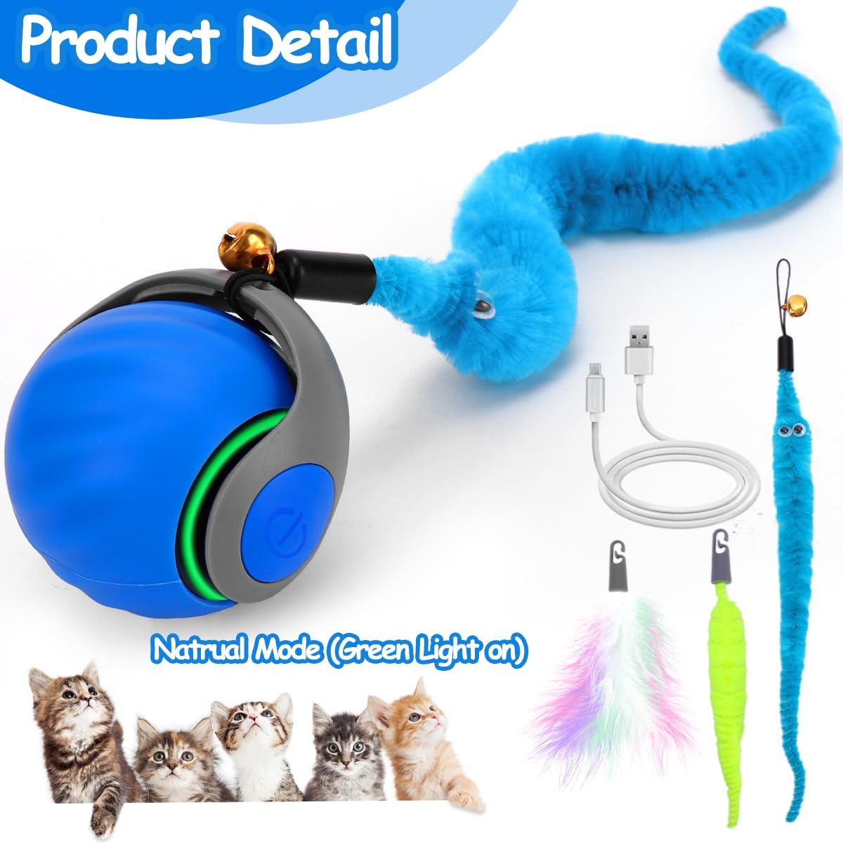 Interactive Cat Toy Ball - Speedy Cat Toys for Indoor Cats with Feather Tails for Chasing, Moving Stimulation Smart Cat Toy for Enrichment, Motion