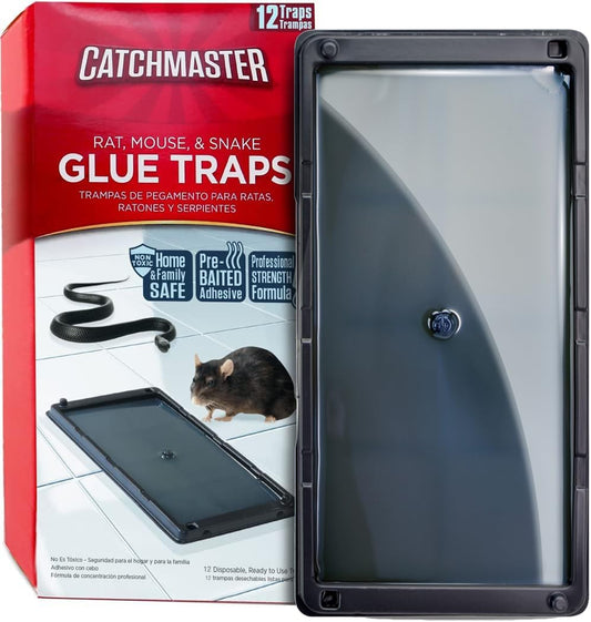 Catchmaster Rat, Snake and Mouse Traps 12Pk, Large Bulk Glue Rat Traps for Home, Adhesive Plastic Tray for Inside House, Snake, Mice, & Spider