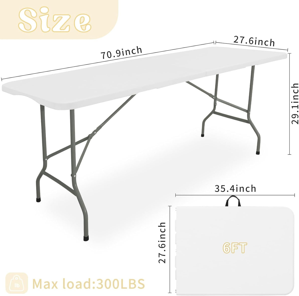 Set of 2 Folding Table 6 FT Lightweight Camping Table Portable Plastic Rectangular Outdoor Dining Table Steel Legs Fold-in-Half with Carrying Handle