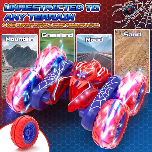 Spider Remote Control Cars for Boys 4-7, 360° Spinning RC Stunt Car with 2 Batteries Cool Lights Toys Birthday Gift for Boys 4 5 6 7 8 9 10 11 12