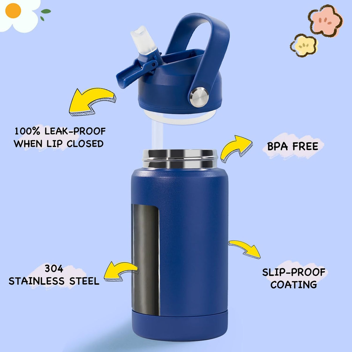 Kerilyn 12oz Kids Water Bottle, Stainless Steel Insulated Water Bottle, Toddler Cup with Straws Leak-Proof, Kids Water Bottles for School Boys Girls