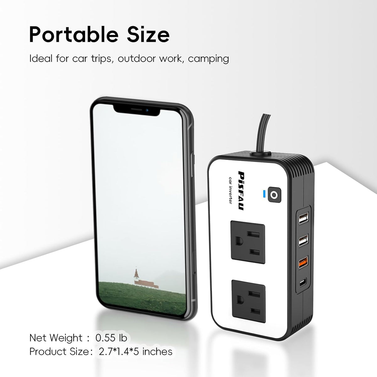 200W Car Power Inverter, PiSFAU DC 12V to 110V AC Car Plug Adapter Outlet with [20W USB-C] /USB-Fast Charger(18W) / 4.8A Dual USB/car Charger for
