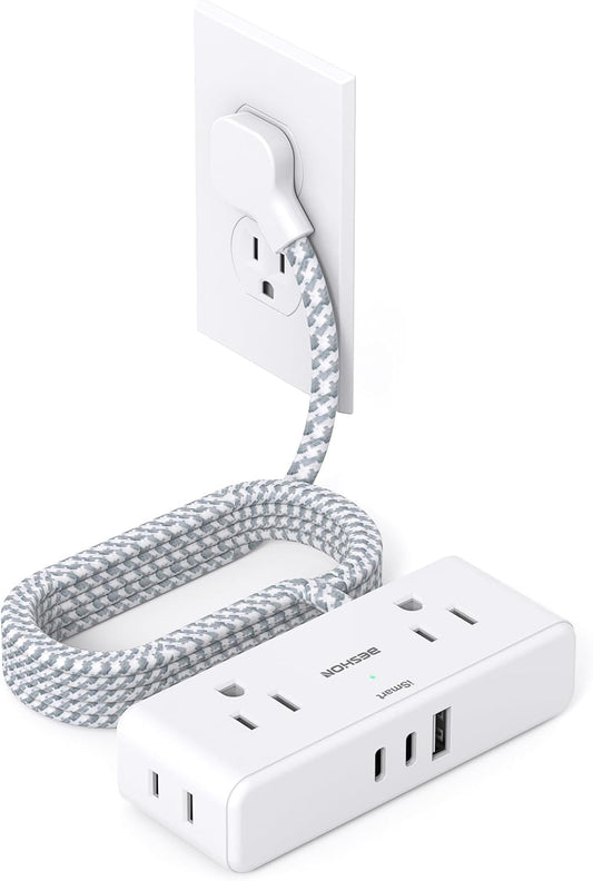 Flat Extension Cord 6 feet, Flat Plug Power Strip, 4 Widely Outlets with 3 USB Ports (2 USB C), 3 Side Outlet Extender with Extension Cord with