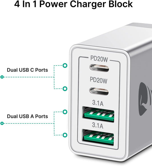 [2-Pack] USB C Wall Charger, 40W Fast USB C Charger Block, 4-Port PD Power Adapter + QC Wall Plug Multiport Type C Charging Block Cube Compatible