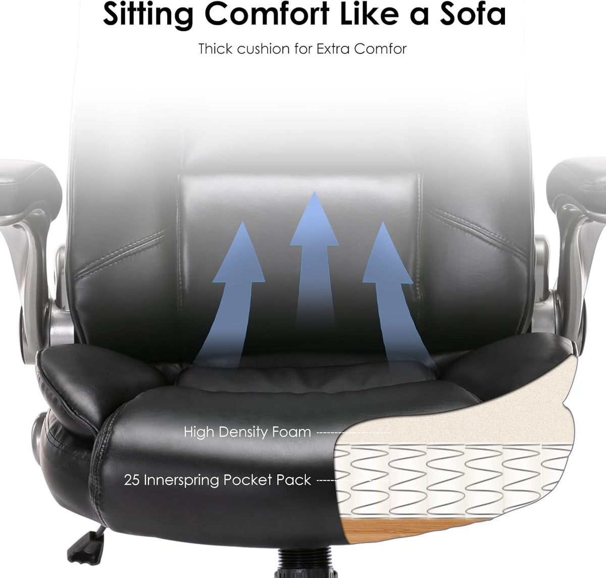 COLAMY Leather Executive Office Chair - High Back Home Computer Desk Chair with Padded Flip-up Arms, Adjustable Tilt Lock, Swivel Rolling Ergonomic