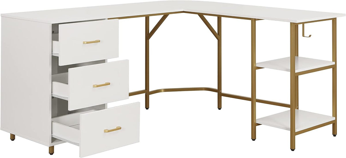 Techni Mobili L Shaped Desk - Two-Toned Computer Desk with Drawers & Storage Shelves - Simple Modern Furniture & Home Office Space Corner Table for
