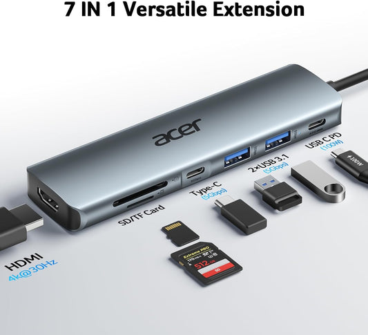 Acer USB C Hub, 7 in 1 Multi-Port Adapter for Laptop, 4K, HDMI Splitter with 2 USB A 3.1 & Type-C to HDMI Data Port, PD 100W Charging, SD Card Reader