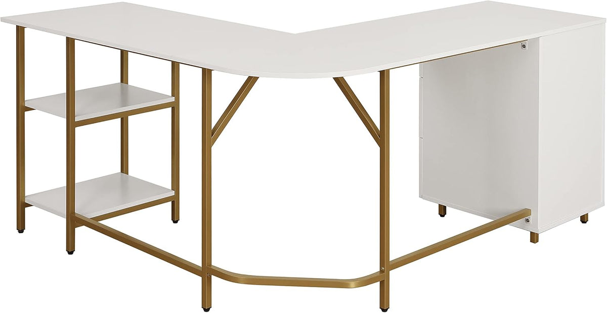 Techni Mobili L Shaped Desk - Two-Toned Computer Desk with Drawers & Storage Shelves - Simple Modern Furniture & Home Office Space Corner Table for