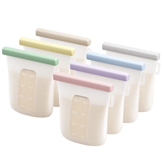 Nuliie 7 Pcs Silicone Breastmilk Storage Bags Reusable, 8oz/240ml Double Leak-Proof Breastmilk Freezer Bags, BPA Free Self-Standing Milk Bags for