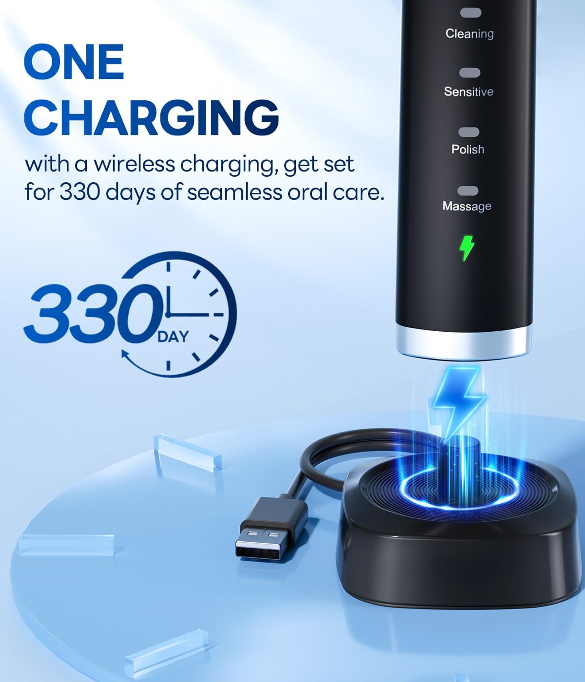 Bymore Electric Toothbrush for Adults, Sonic Rechargeable Toothbrush with 8 Brush Heads, 330-Day Battery, 5 Cleaning Modes & 2-Min Timer