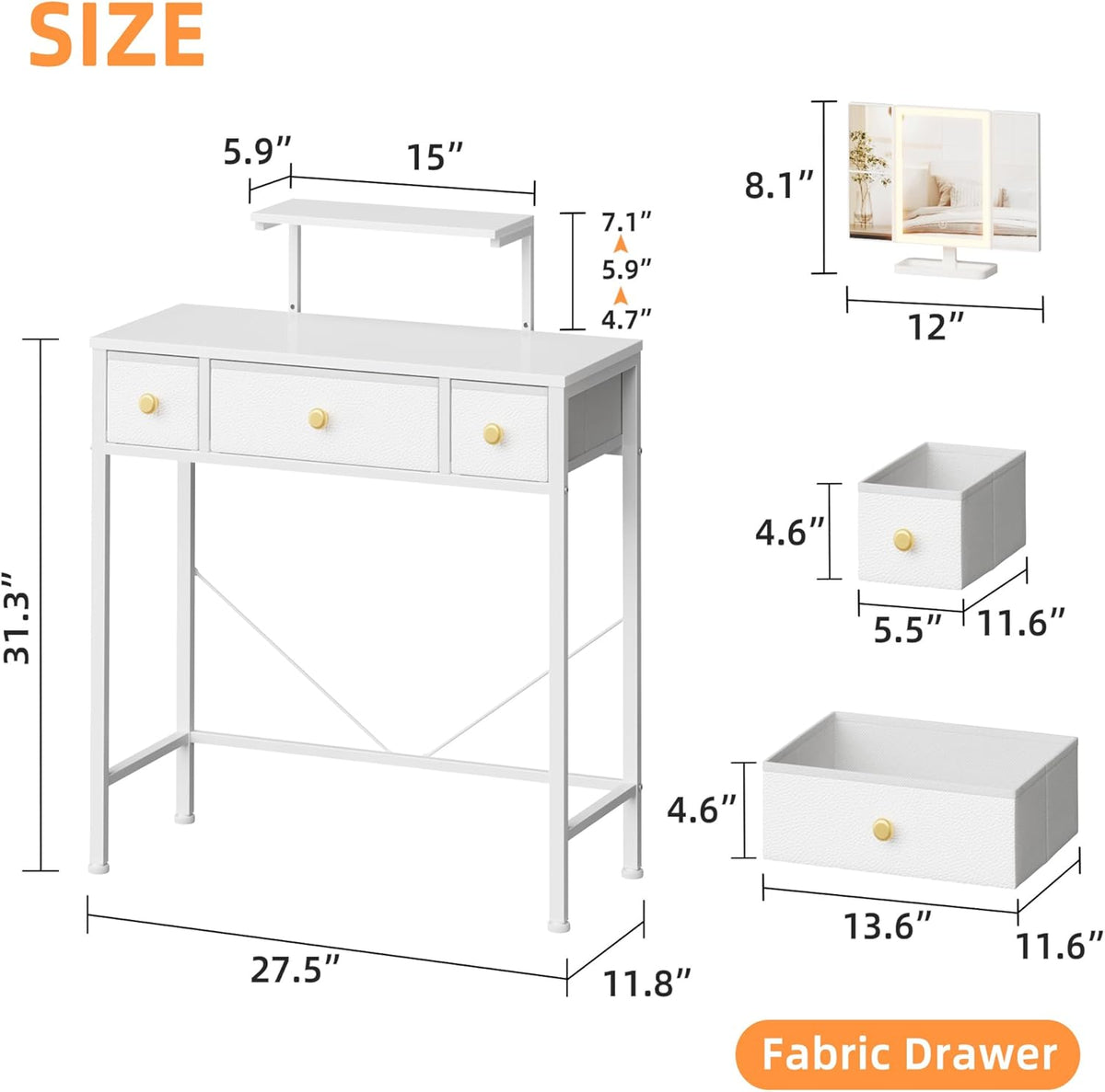 Small Makeup Vanity Desk 27.5''W with Mirror and Lights, Vanity Desk with 3 Fabric Drawers and Height-Adjustable Stand, Vanity Table for Girls Gifts
