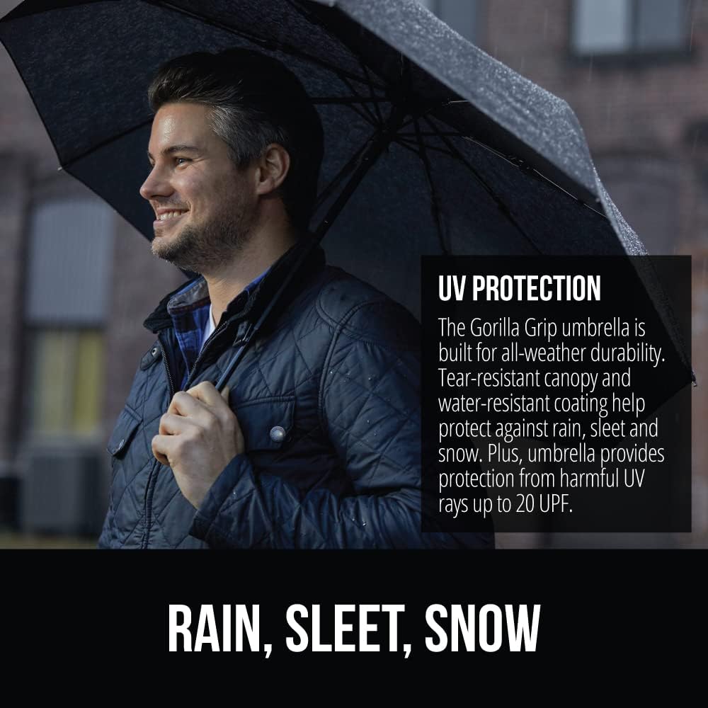 GORILLA GRIP Strong Windproof Stick Compact Umbrella for Rain, One-Click Automatic Open and Close, Durable Quick Dry Waterproof Material, Lightweight