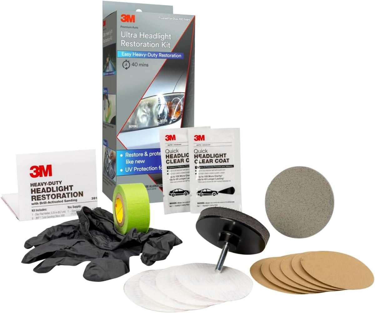 3M Ultra Headlight Restoration Kit, Contains Masking Tape, Light Sanding Discs, Wax Protectant and More, Use on Plastic Lenses Headlights, Taillights