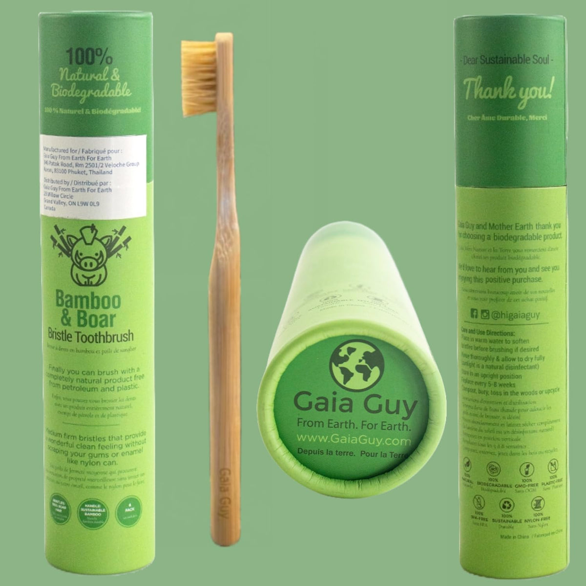 Gaia Guy Natural Bristle Bamboo Toothbrush (NO Nylon - Boar Hair ONLY) - Totally Compostable & Biodegradable Boar Bristle and Bamboo Toothbrushes