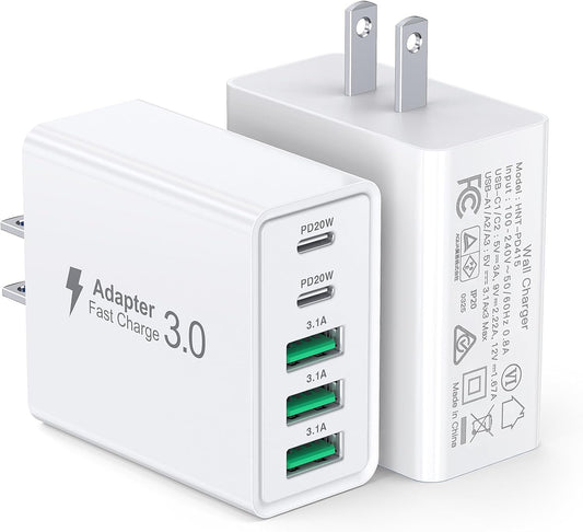 [2-Pack] USB C Wall Charger,60W 5-Port PD Fast USB C Charging Block,2USB C+3USB A Multiport Plug,Type C Power Adapter Brick Cube for iPhone