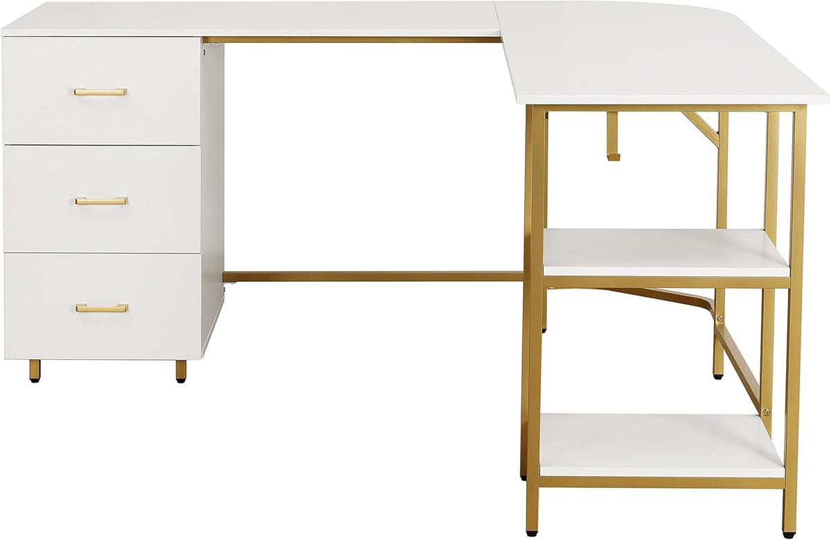Techni Mobili L Shaped Desk - Two-Toned Computer Desk with Drawers & Storage Shelves - Simple Modern Furniture & Home Office Space Corner Table for