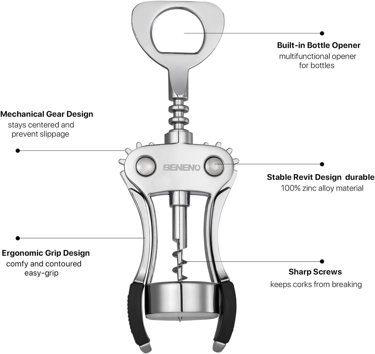 Beneno Wine Opener, Zinc Alloy Premium Wing Corkscrew with Multifunctional Bottles Opener, Sharp Wine Corkscrew with Ergonomic Non-Slip Wing Handle