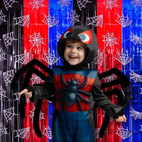 Bupelo Spider Web Birthday Decorations, 2 Pack Spider Party Supplies 3.3x6.6ft Tinsel Foil Fringe Curtains, Red Black, and Blue Photo Booth Prop