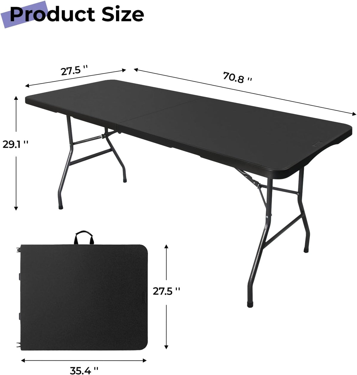 Folding Table 6ft Portable Heavy Duty Plastic Fold-in-Half 6 Foot Foldable Table Utility Dining Indoor Outdoor with Carrying Handle for Camping