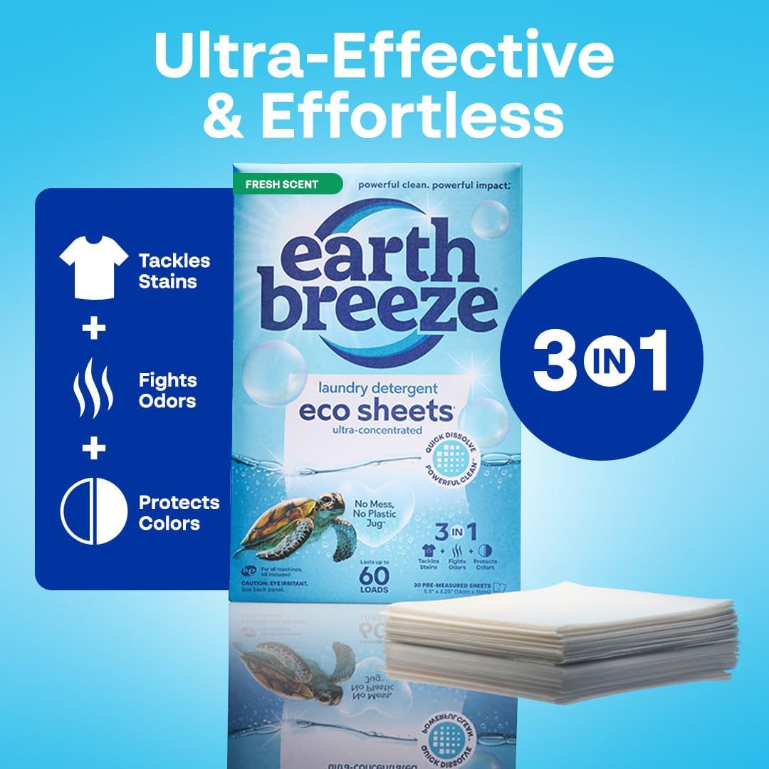 Earth Breeze Laundry Detergent Sheets Fresh Scent - 60 Loads Eco Liquidless Soap - Travel-Friendly for Hot & Cold Cycles, Tackles Tough Stains